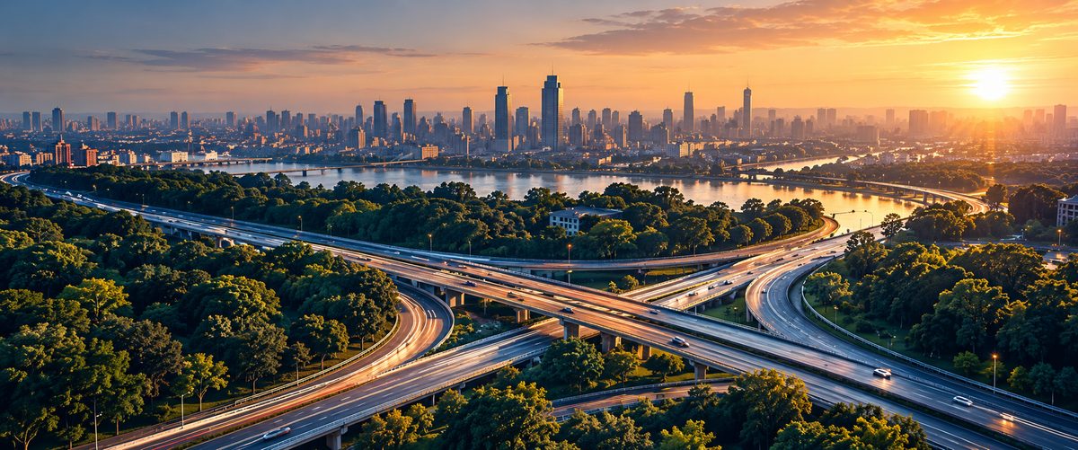 Highway interchange through forest at sunset